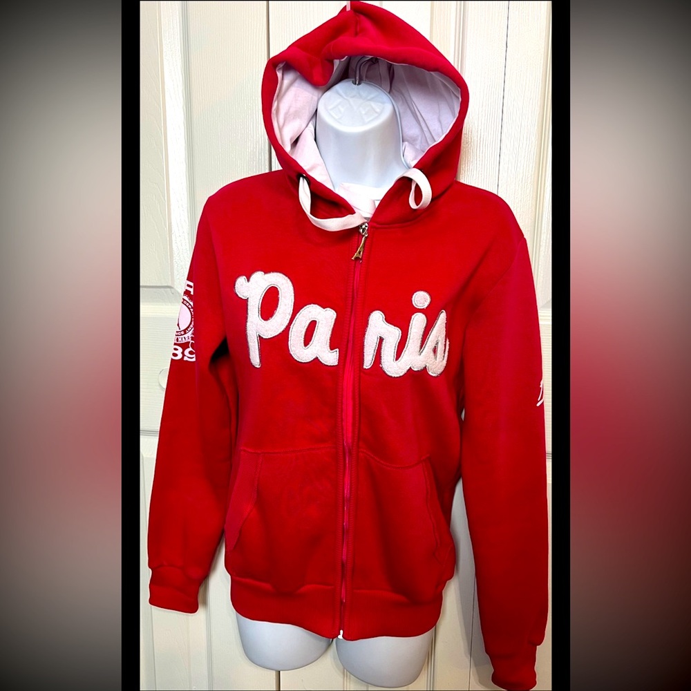PARIS PRODUCT ORIGINAL Sweatshirt Hoodie Red White Full Zip Pouch Pockets - Picture 2 of 9
